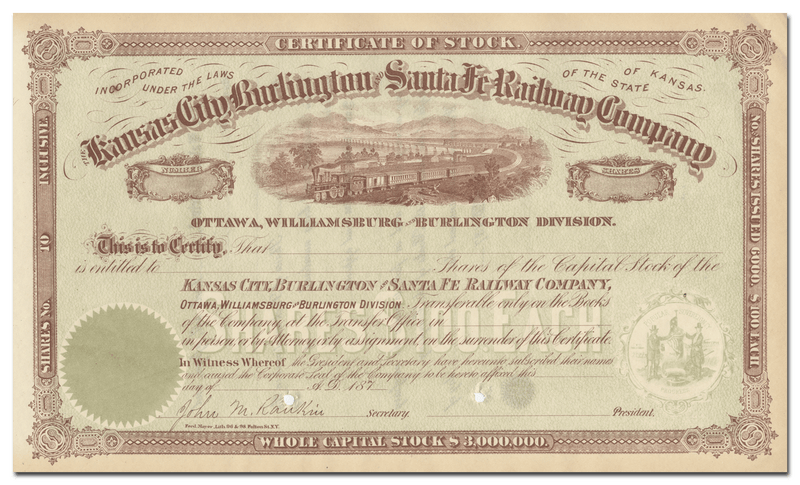 Kansas City, Burlington and Santa Fe Railway Company Stock Certificate
