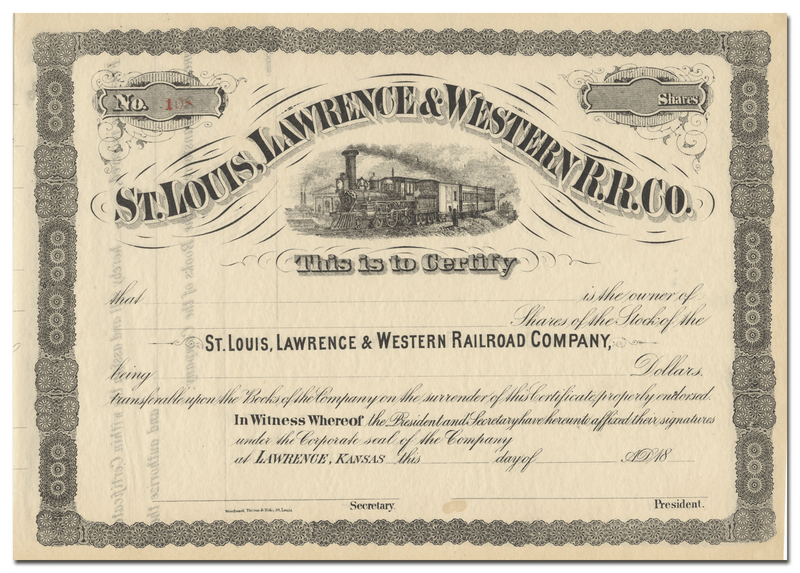 St. Louis, Lawrence & Western Railroad Company Stock Cedrtificate