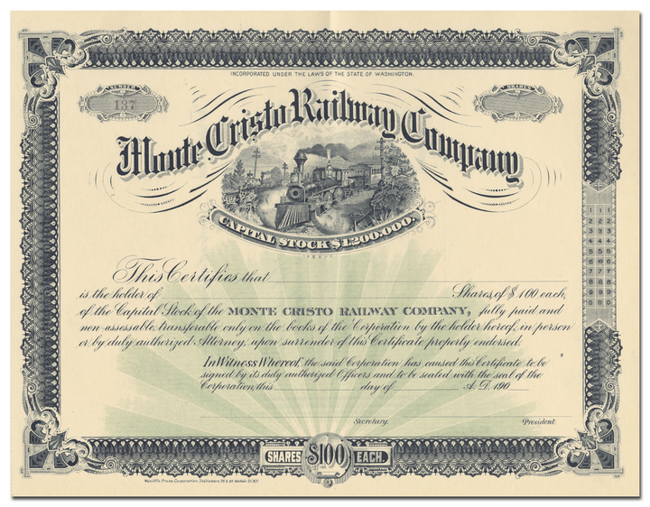 Monte Cristo Railway Company Stock Certificate