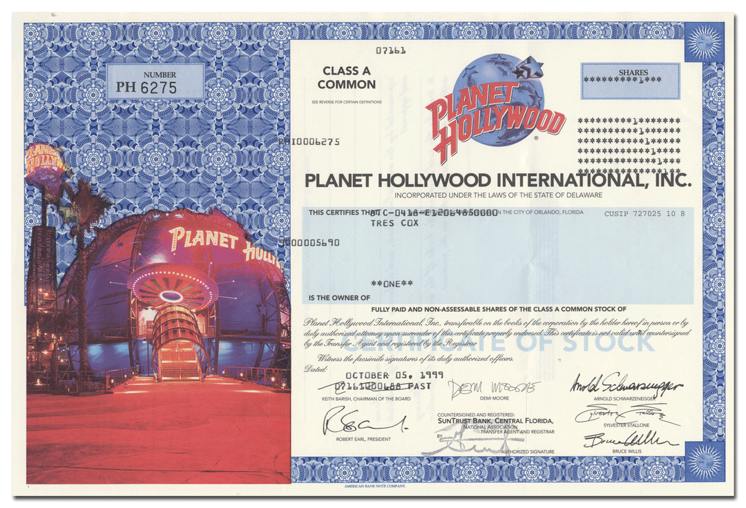 Planet Hollywood International, Inc. Stock Certificate