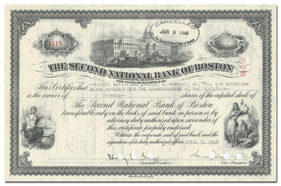 Second National Bank of Boston Stock Certificate