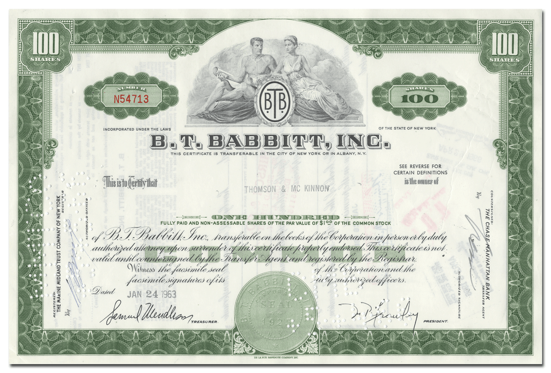 B. T. Babbitt, Inc. Stock Certificate