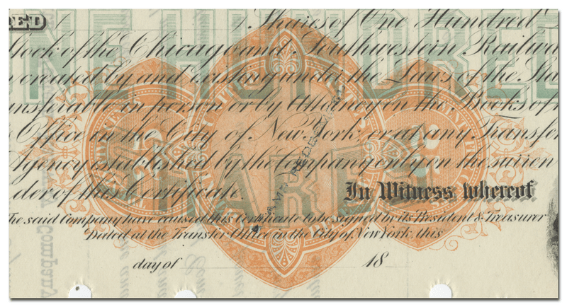 Chicago & South Western Railway Company Stock Certificate (Revenue Stamp)
