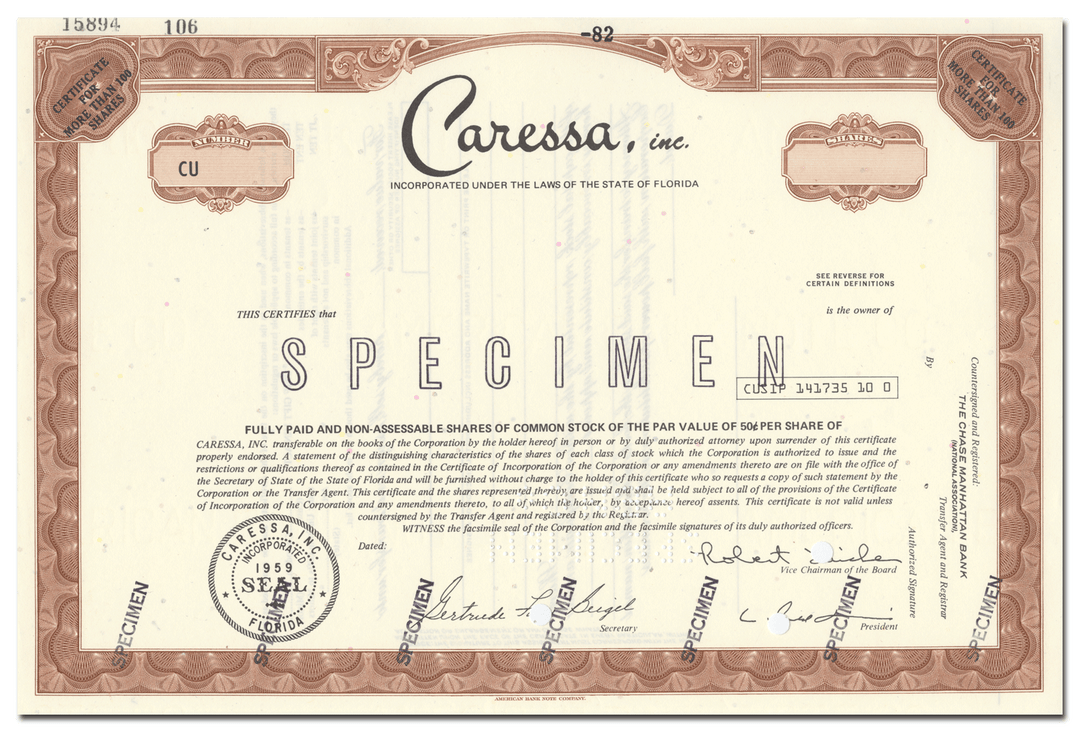 Caressa, Inc. Specimen Stock Certificate