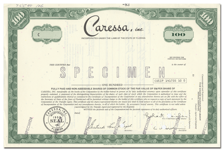 Caressa, Inc. Specimen Stock Certificate