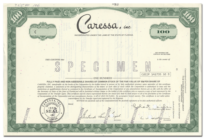 Caressa, Inc. Specimen Stock Certificate