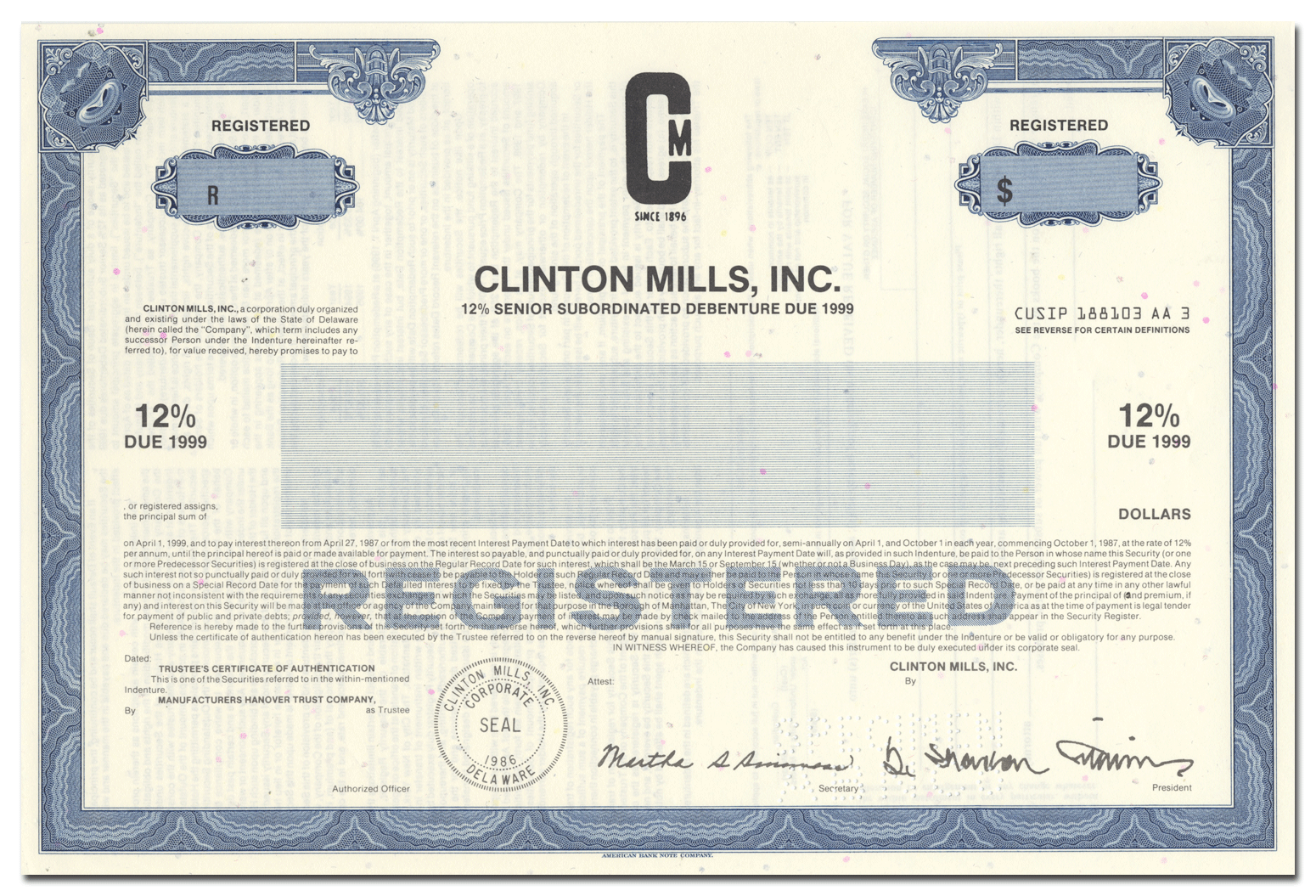 Clinton Mills, Inc. Stock Certificate