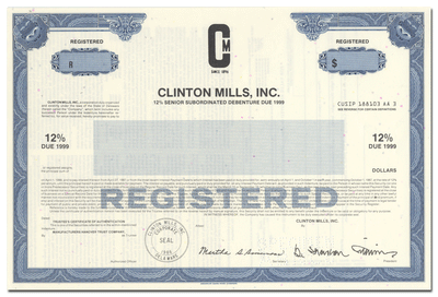 Clinton Mills, Inc. Stock Certificate