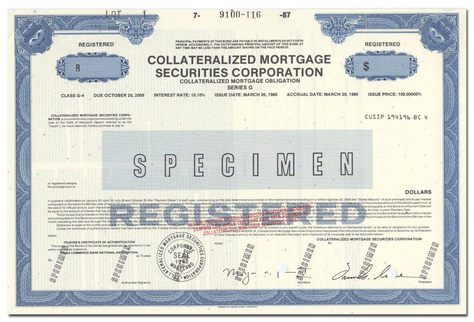 Collateralized Mortgage Securities Corp. Specimen Bond Certificate ...