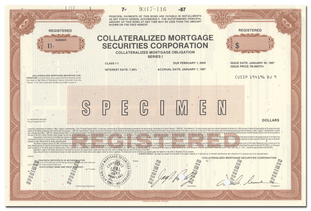 Collateralized Mortgage Securities Corporation Bond Certificate