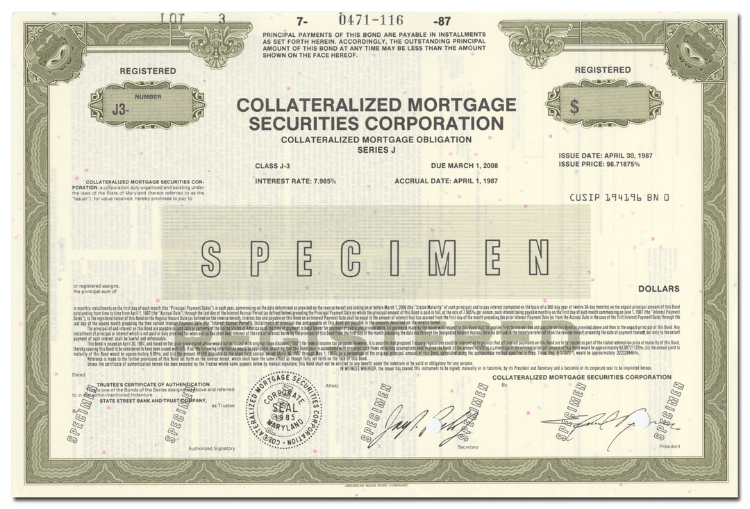 Collateralized Mortgage Securities Corporation Bond Certificate