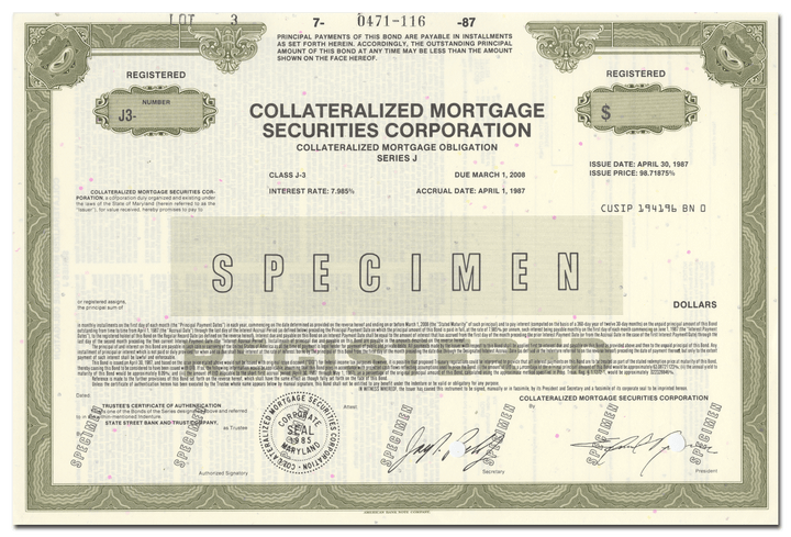 Collateralized Mortgage Securities Corporation Bond Certificate