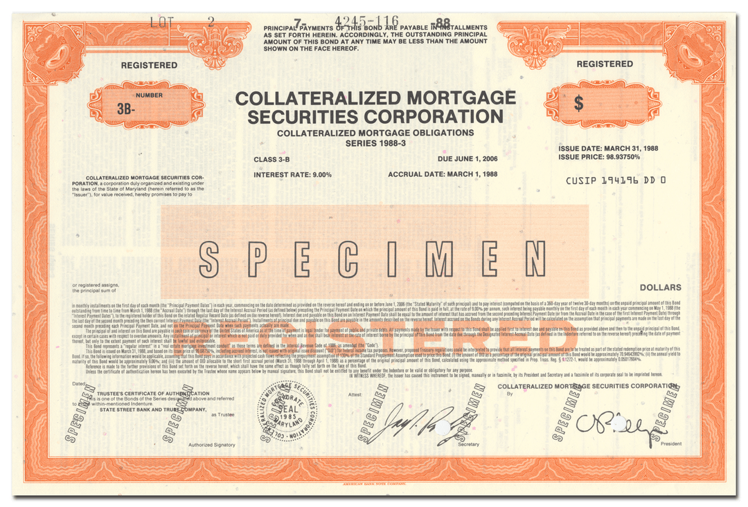 Collateralized Mortgage Securities Corporation Bond Certificate