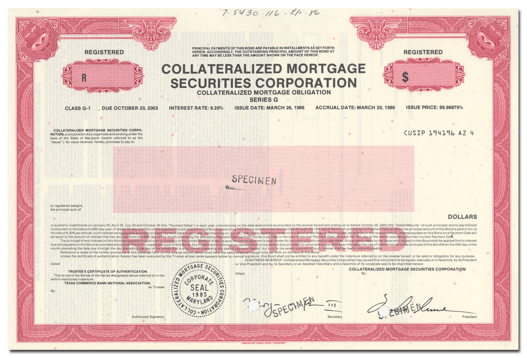 Collateralized Mortgage Securities Corporation Bond Certificate