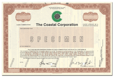 Coastal Corporation Specimen Stock Certificate