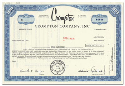 Crompton Company, Inc. Specimen Stock Certificate