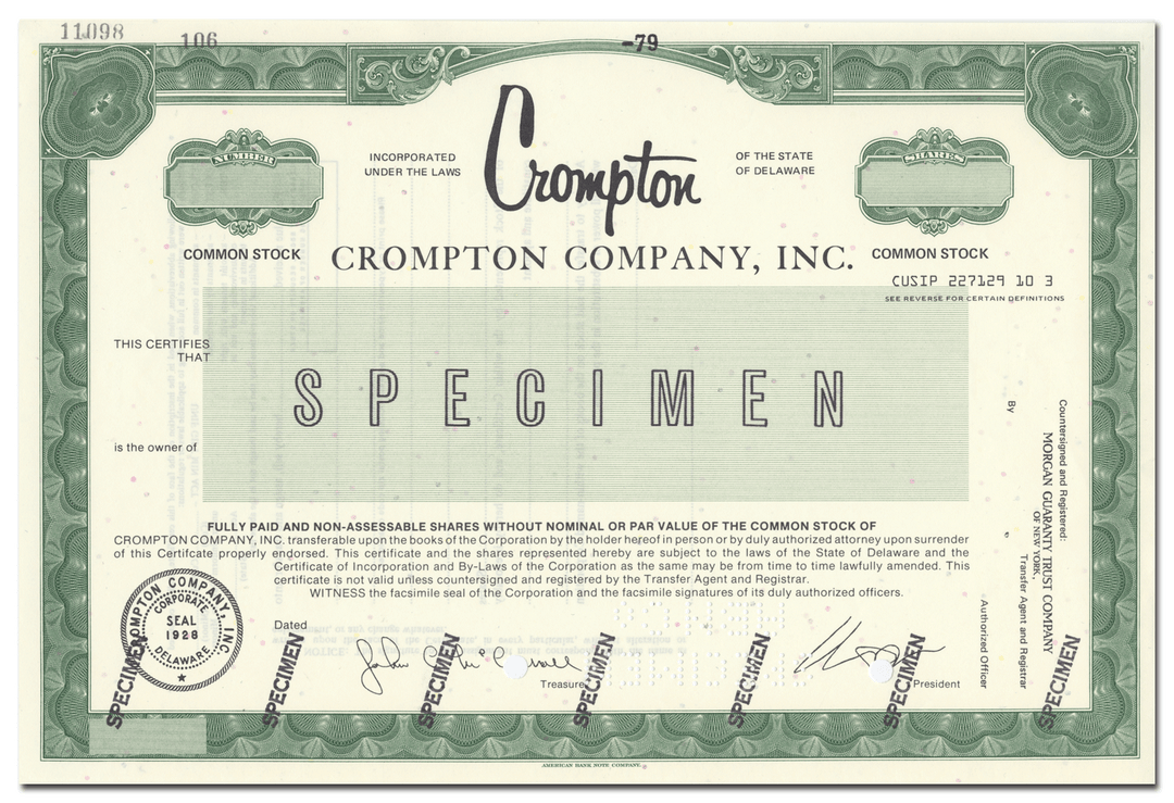 Crompton Company, Inc. Specimen Stock Certificate