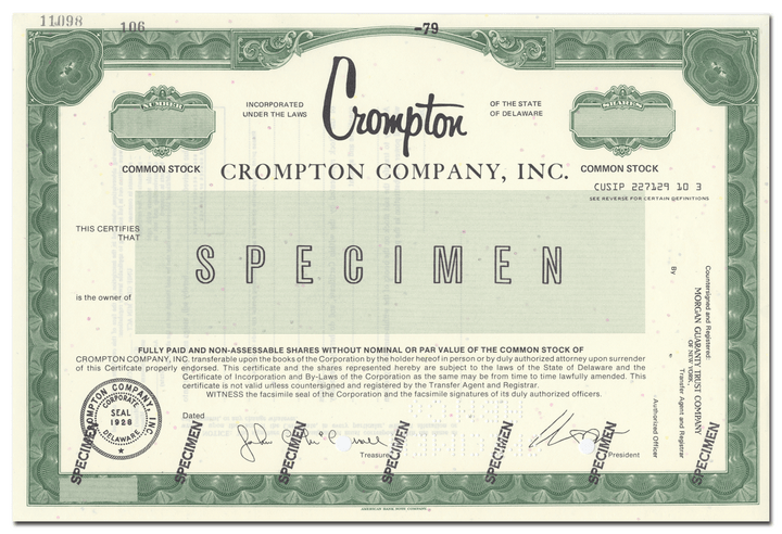 Crompton Company, Inc. Specimen Stock Certificate