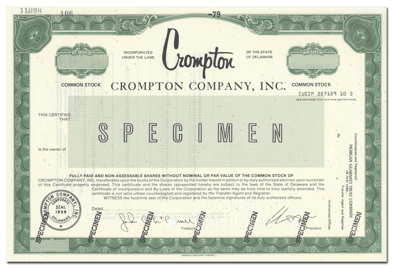 Crompton Company, Inc. Specimen Stock Certificate