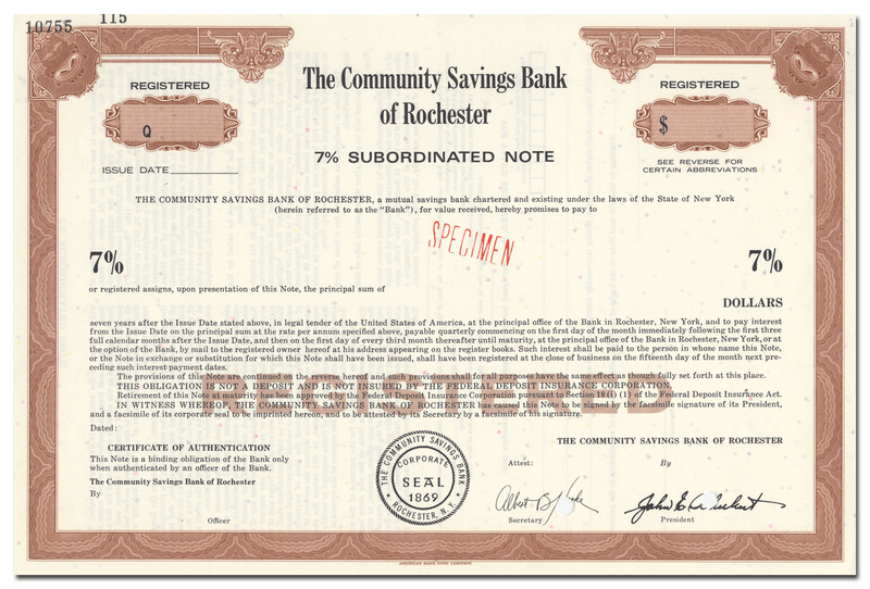 Community Savings Bank of Rochester Bond Certificate