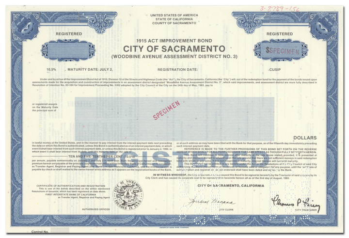 City of Sacramento Specimen Bond Certificate