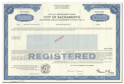City of Sacramento Specimen Bond Certificate