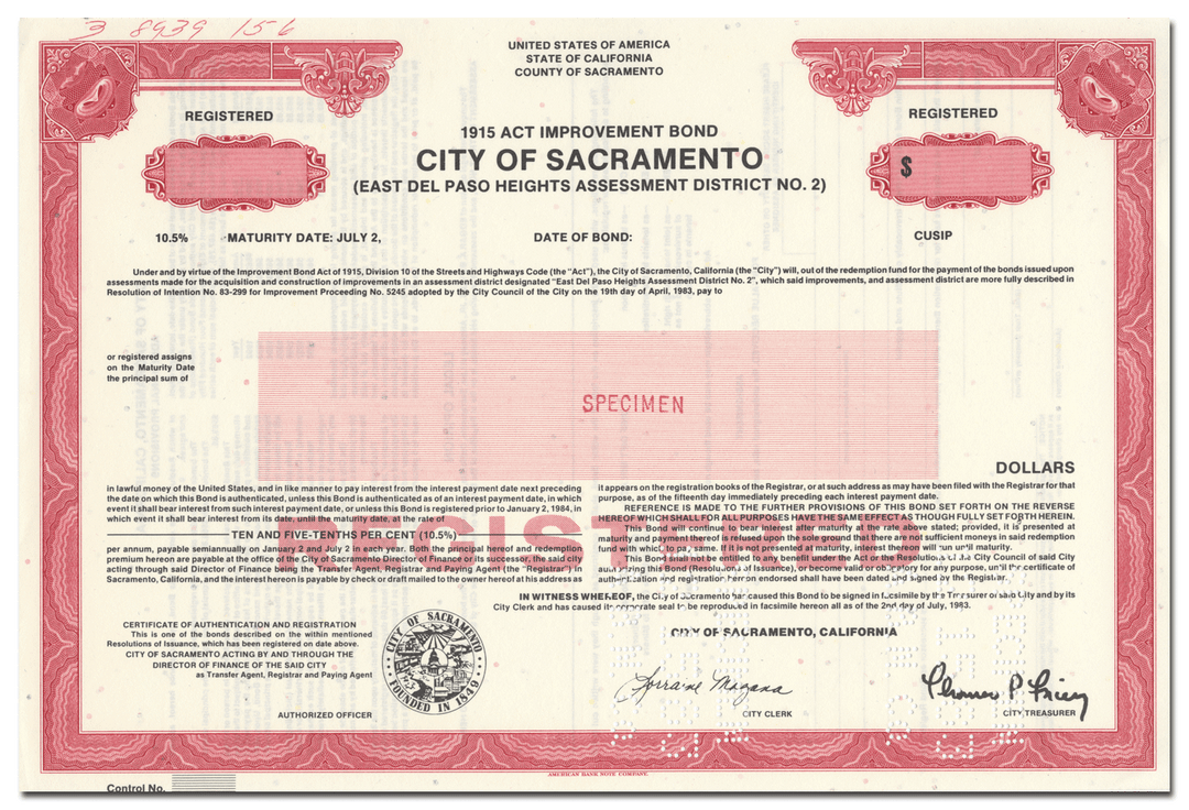 City of Sacramento Specimen Bond Certificate