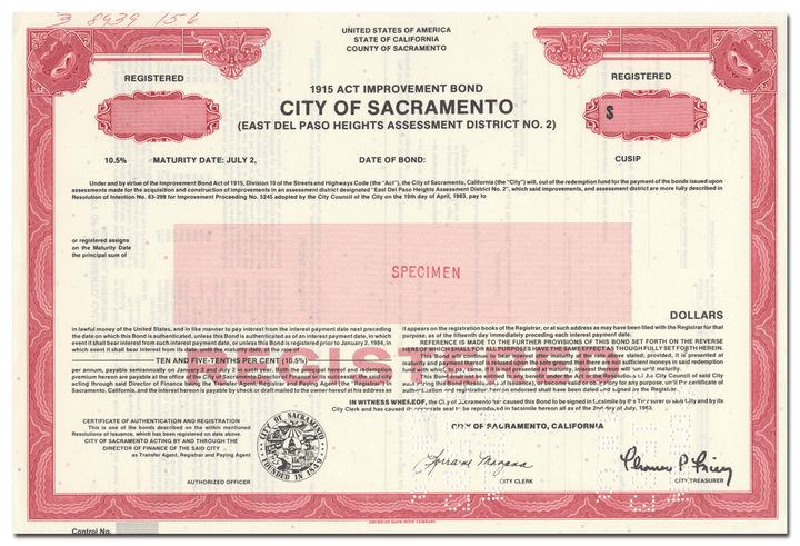 City of Sacramento Specimen Bond Certificate