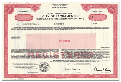 City of Sacramento Specimen Bond Certificate