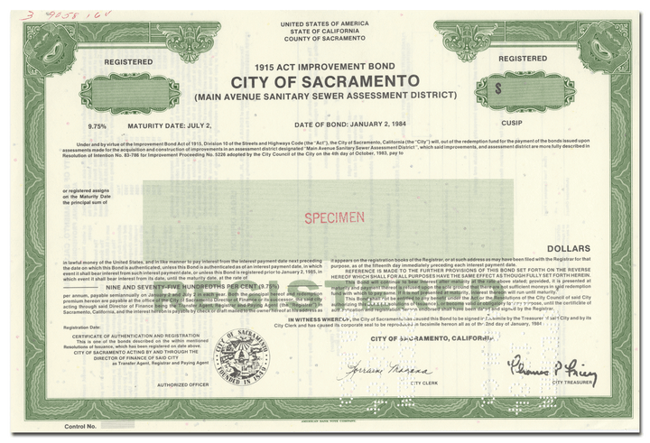 City of Sacramento Specimen Bond Certificate