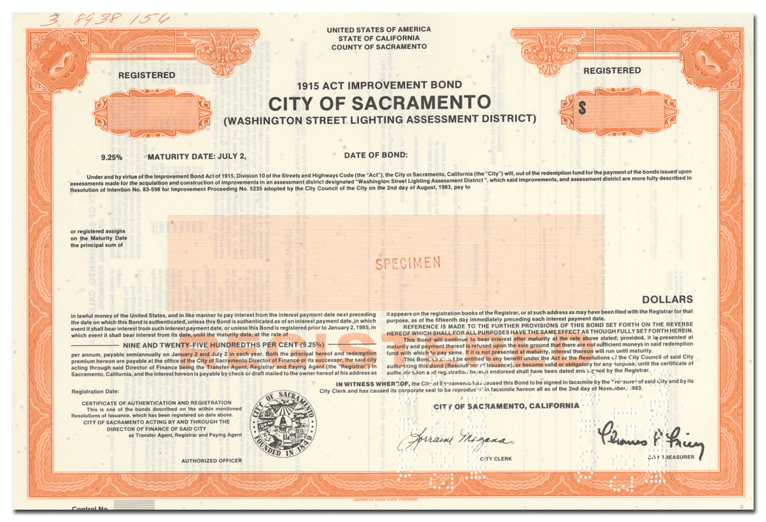 City of Sacramento Specimen Bond Certificate