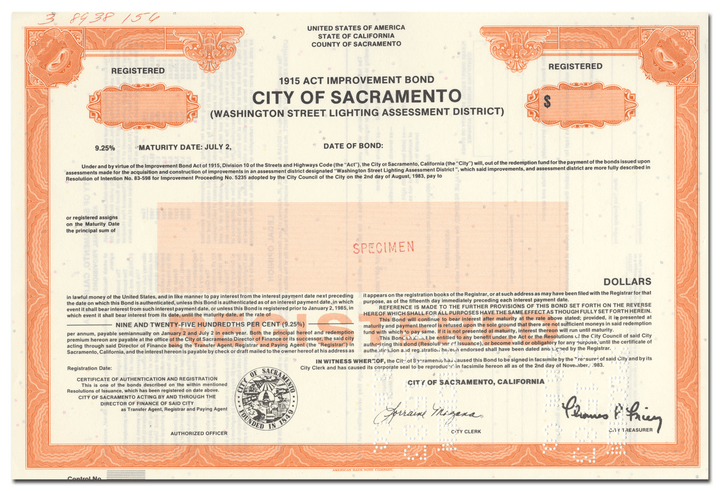 City of Sacramento Specimen Bond Certificate