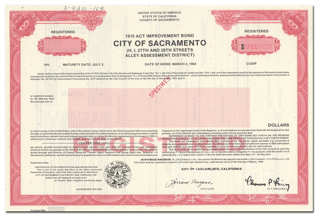 City of Sacramento Specimen Bond Certificate