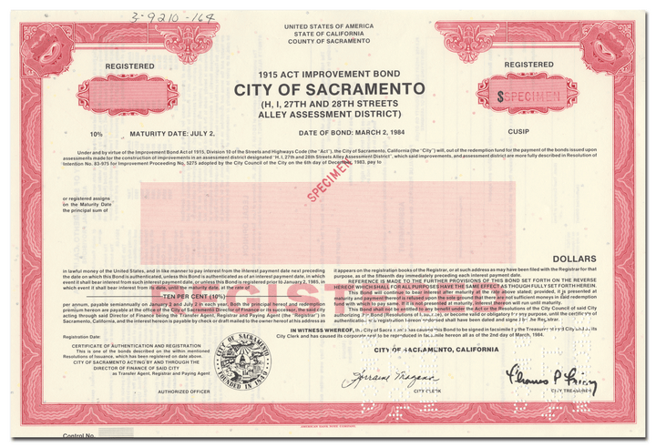 City of Sacramento Specimen Bond Certificate