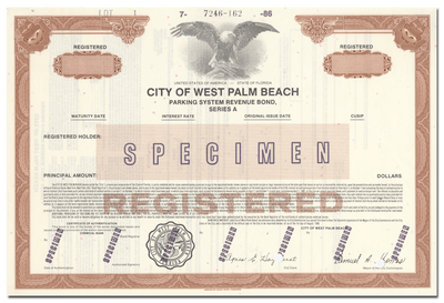 West Palm Beach, Florida Specimen Bond Certificate