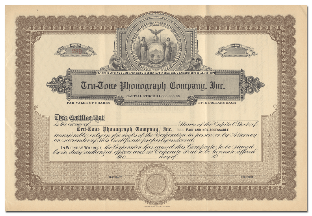 Tru-Tone Phonograph Company, Inc. Stock Certificate