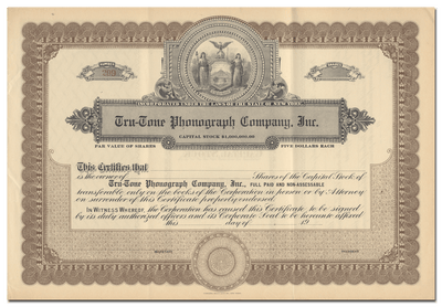 Tru-Tone Phonograph Company, Inc. Stock Certificate