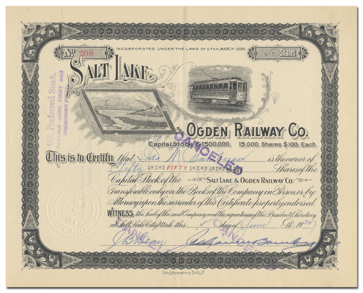 Salt Lake and Ogden Railway Co. Stock Certificate