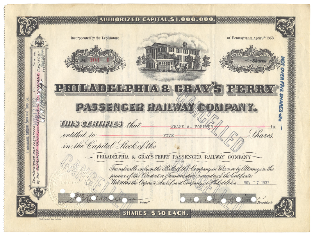 Philadelphia & Gray's Ferry Passenger Railway Company Stock Certificate