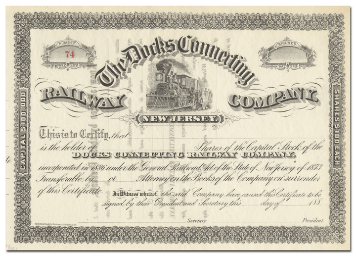 Docks Connecting Railway Company Stock Certificate