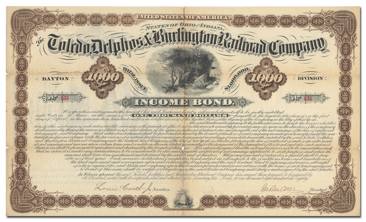 Toledo, Delphos and Burlington Railroad Company Bond Certificate