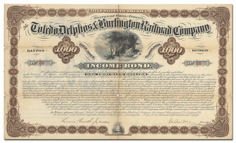 Toledo, Delphos and Burlington Railroad Company Bond Certificate
