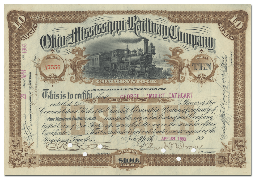 Ohio and Mississippi Railway Company Stock Certificate