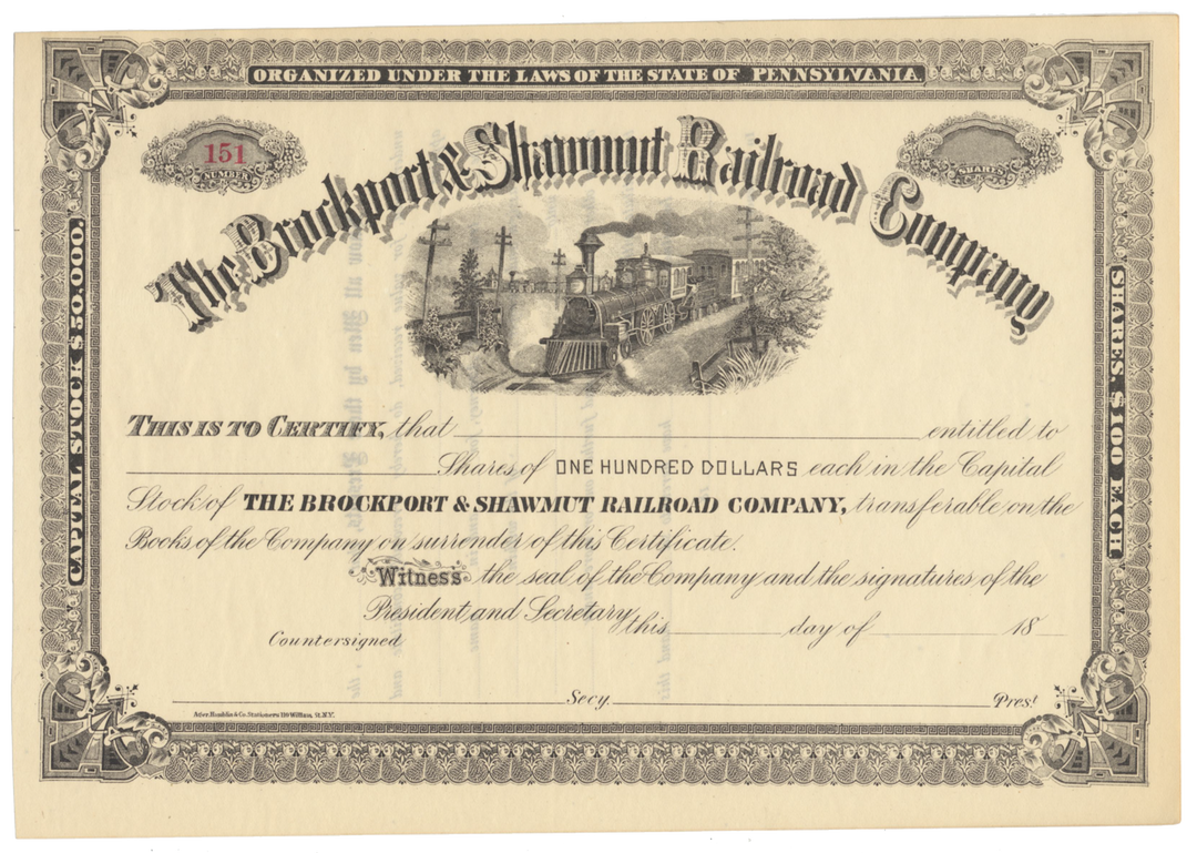 Brockport & Shawmut Railroad Company Stock Certificate