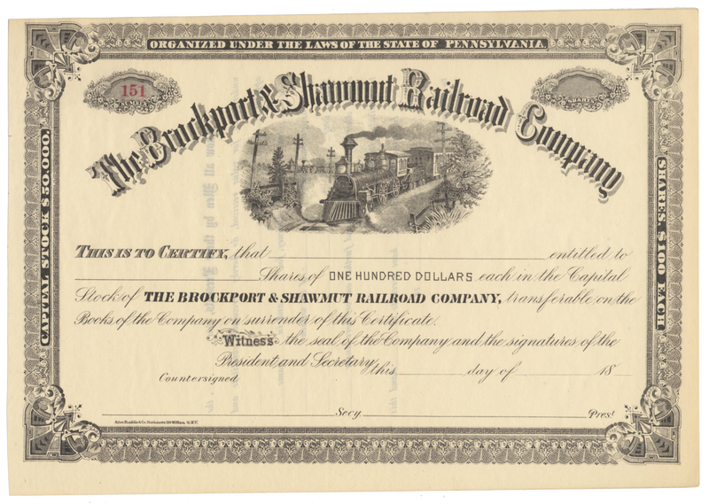 Brockport & Shawmut Railroad Company Stock Certificate
