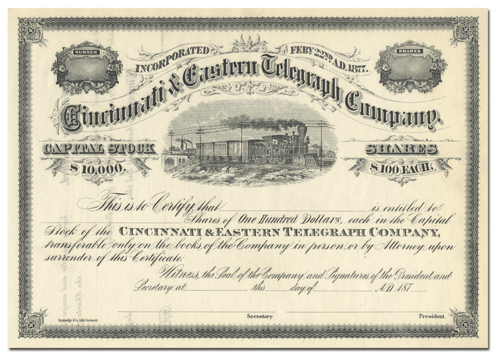 Cincinnati & Eastern Telegraph Company Stock Certificate