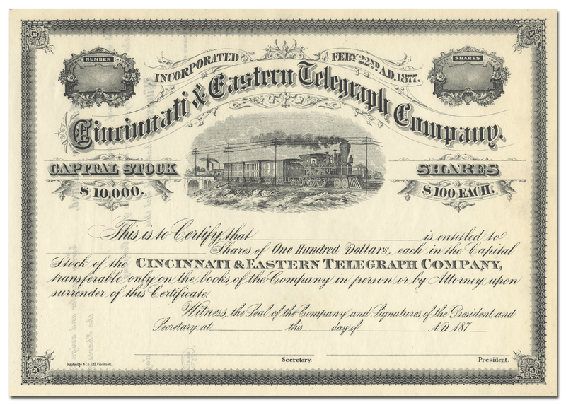 Cincinnati & Eastern Telegraph Company Stock Certificate