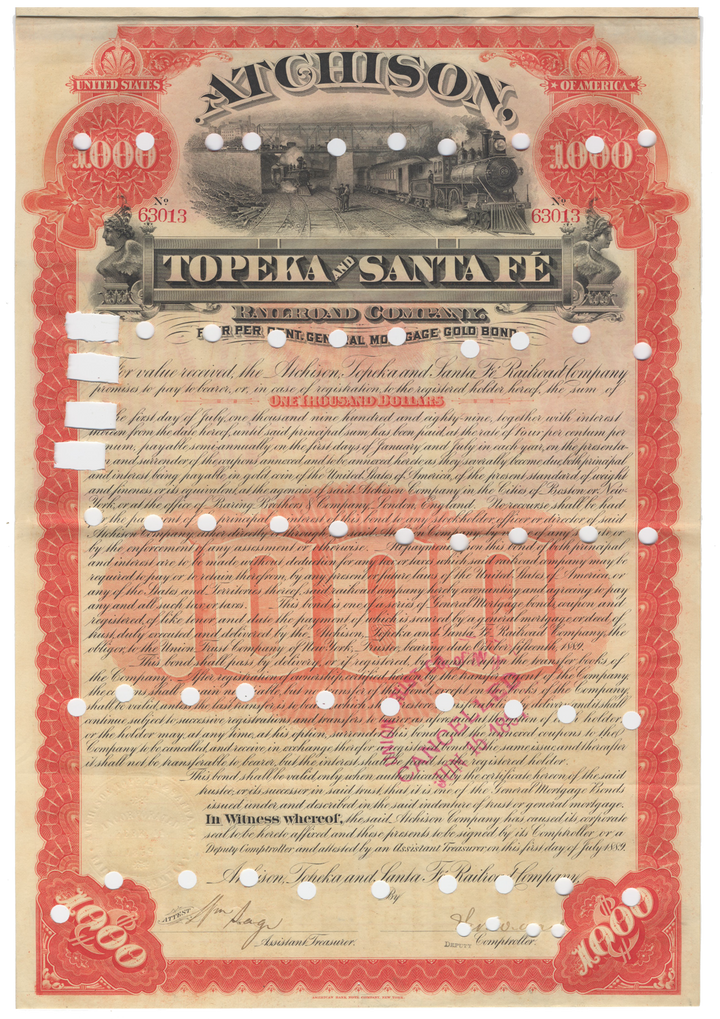 Atchison, Topeka and Santa Fe Railroad Company Bond Certificate