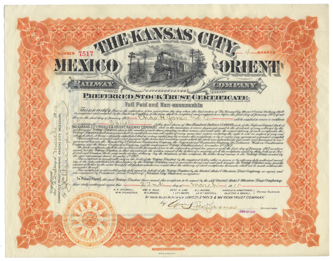 Kansas City, Mexico & Orient Railway Company Stock Certificate