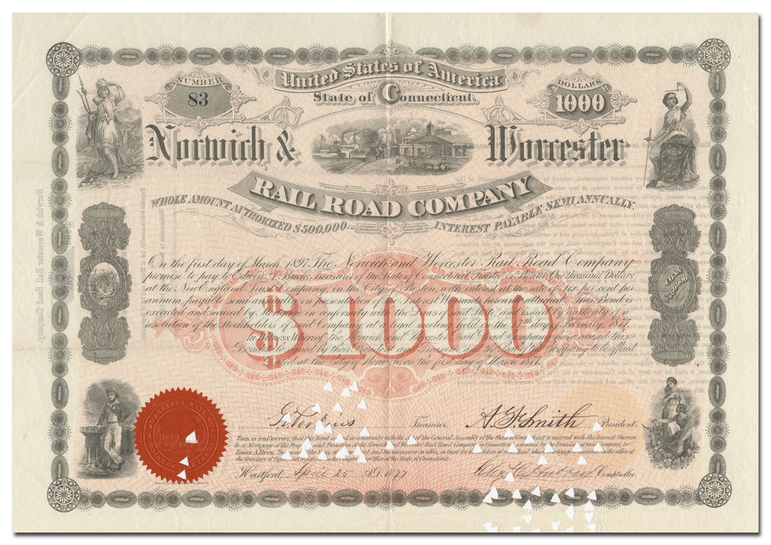 Norwich & Worcester Rail Road Company Bond Certificate